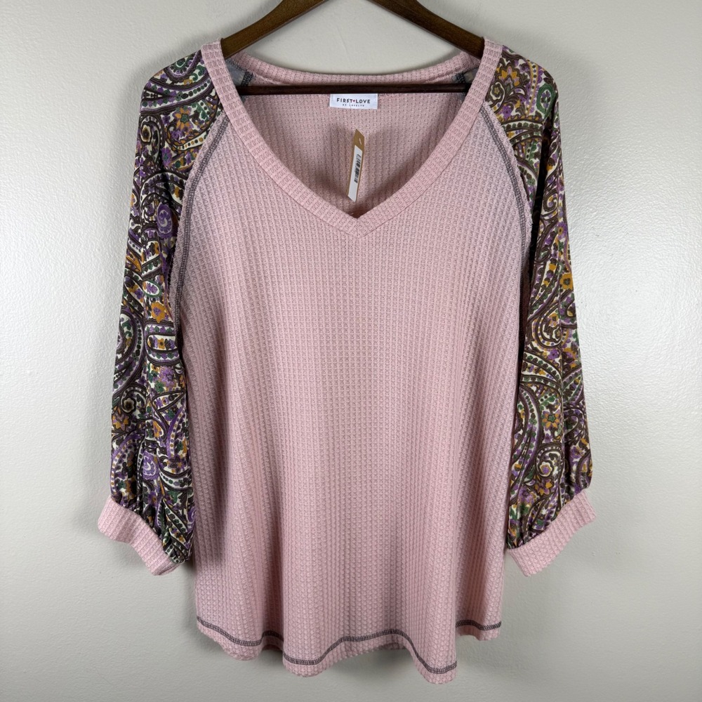 First Love Women's Large Top Pink Paisley Raglan Waffle Knit V-Neck NEW